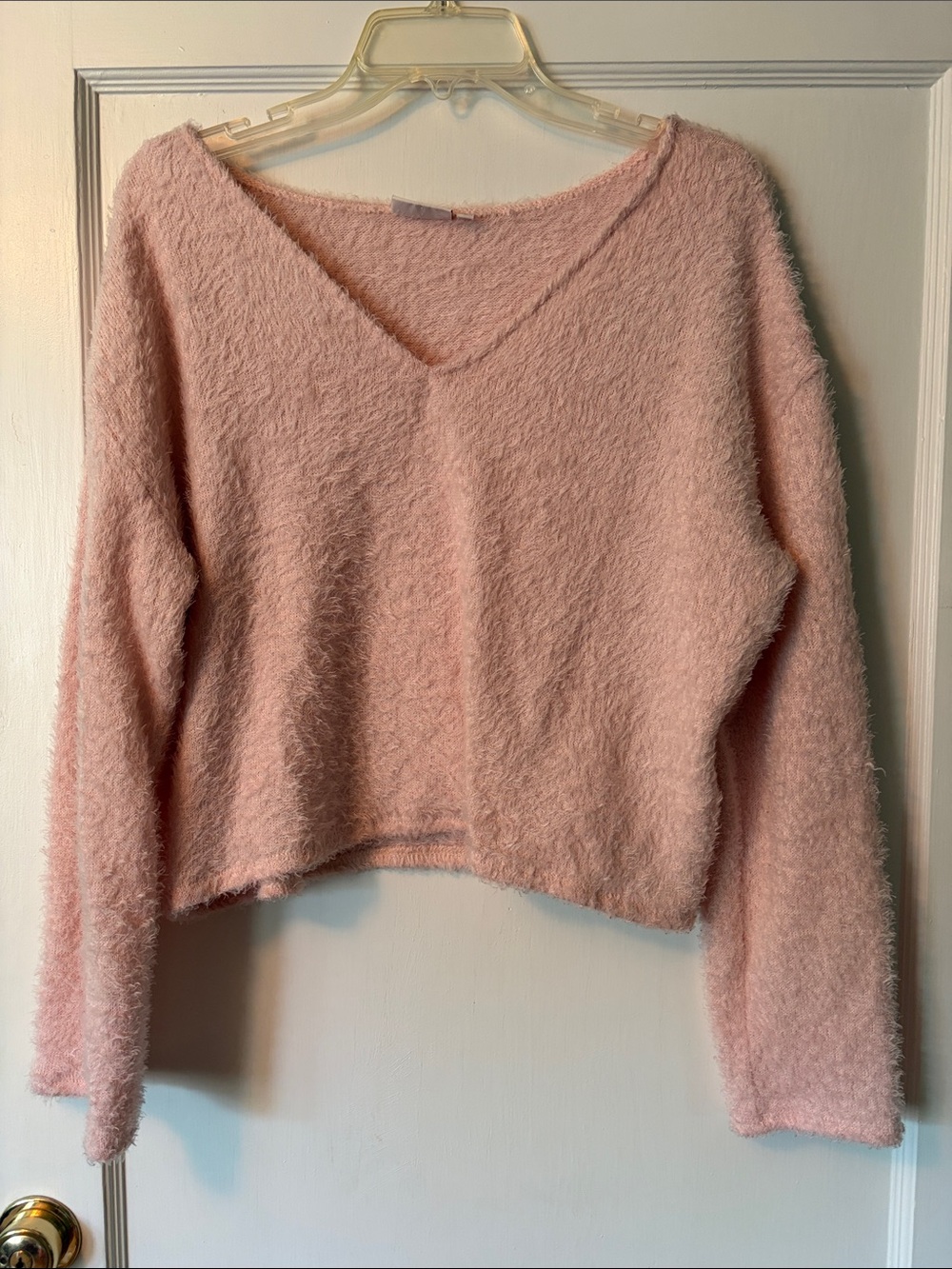 SO Soft V-Neck Fuzzy Sweater in Blush Pink